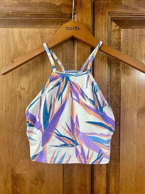 Salt Life Women’s White High-Neck Swim Crop Top with Purple & Coral Leaf Print